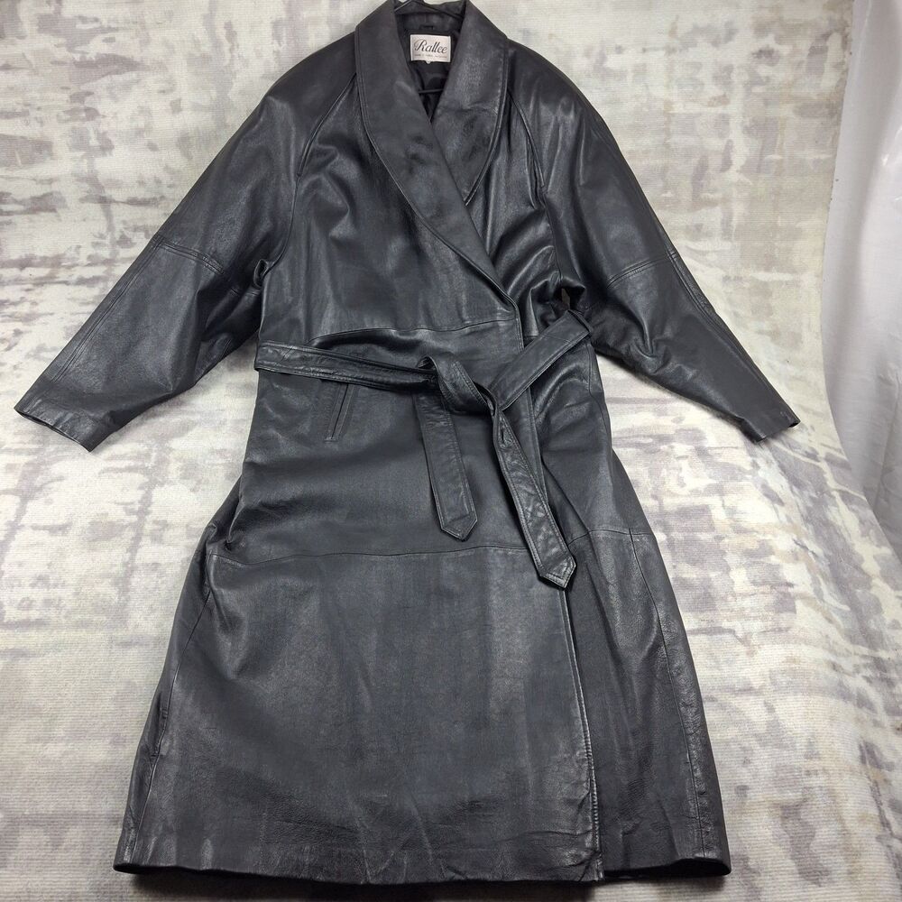 Vintage 80s Rollee Black Leather Trench Coat Womens L XL Belted Insulated...